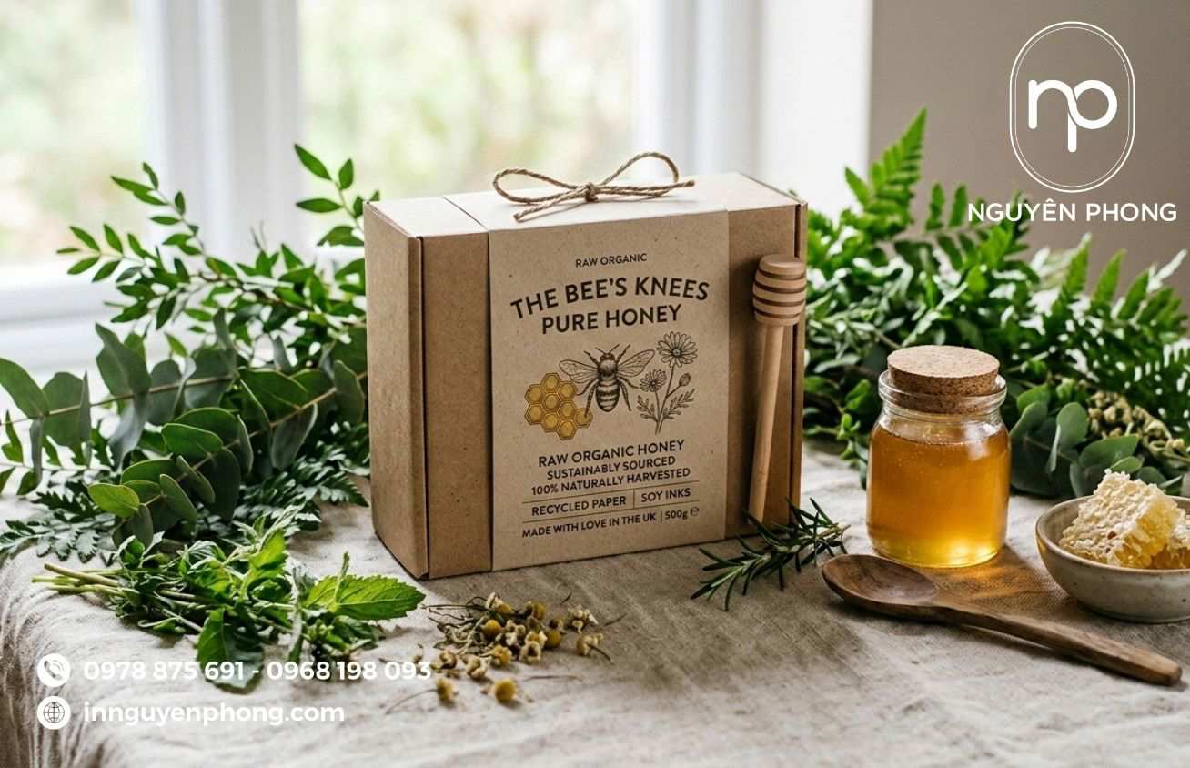 Mẫu in hộp đựng mật ong mộc mạc 